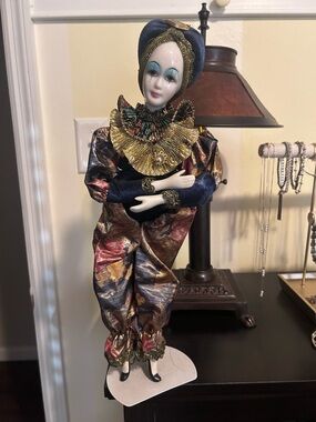 Vintage Porcelain Clown Perriot Doll Dances with Music Box